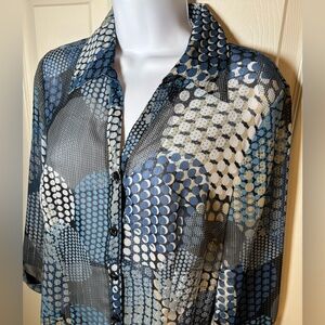 Blue and white patterned sheer button up shirt with rolled sleeves -medium